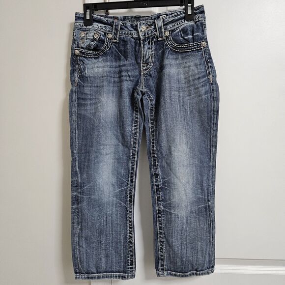 MISS ME Jeans Women's 27 (28x21.5) Blue Capri Low-Rise Rhinestone Embroidered - Picture 2 of 10